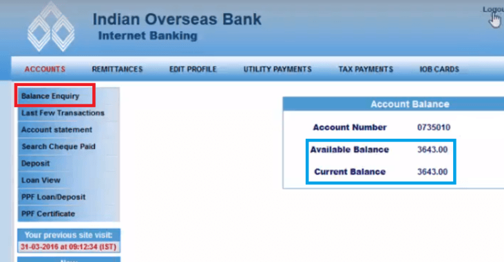 Check IOB Account Balance Via Online Sms Missed Call