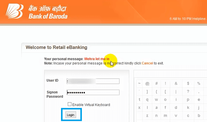 bank of baroda net banking login page