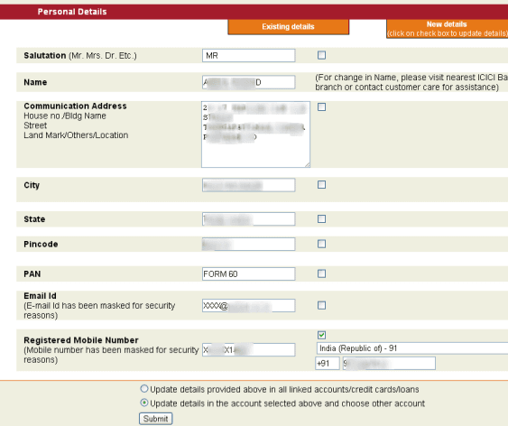 change address in icici bank