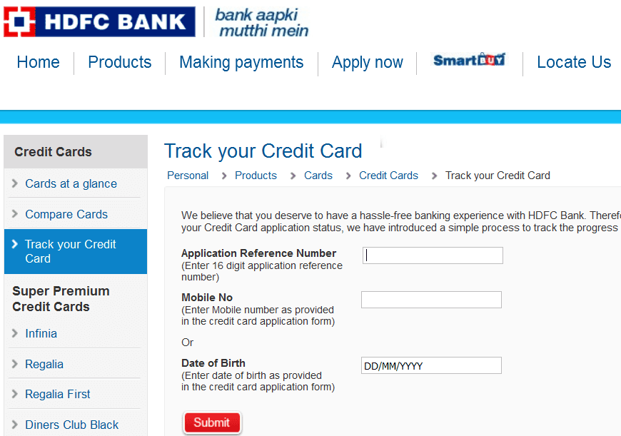 hdfc credit card status