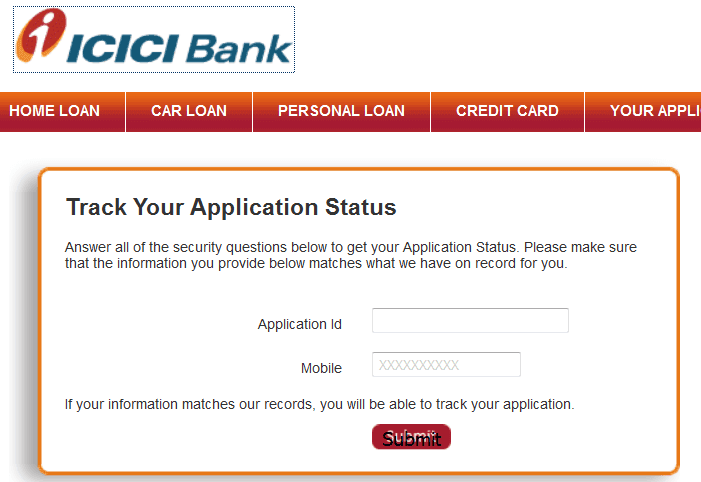 check icici credit card application status online