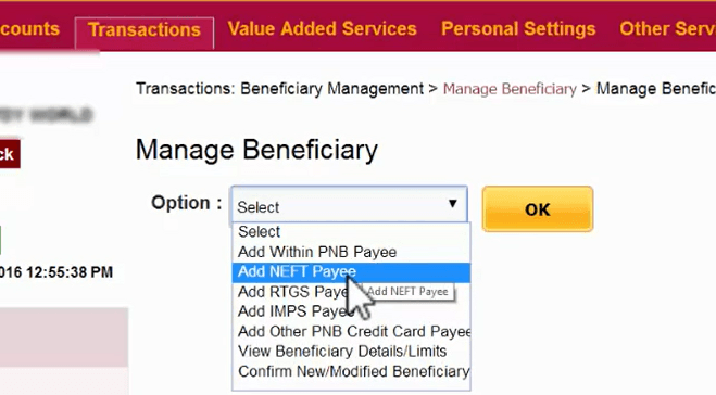 add neft payee in pnb