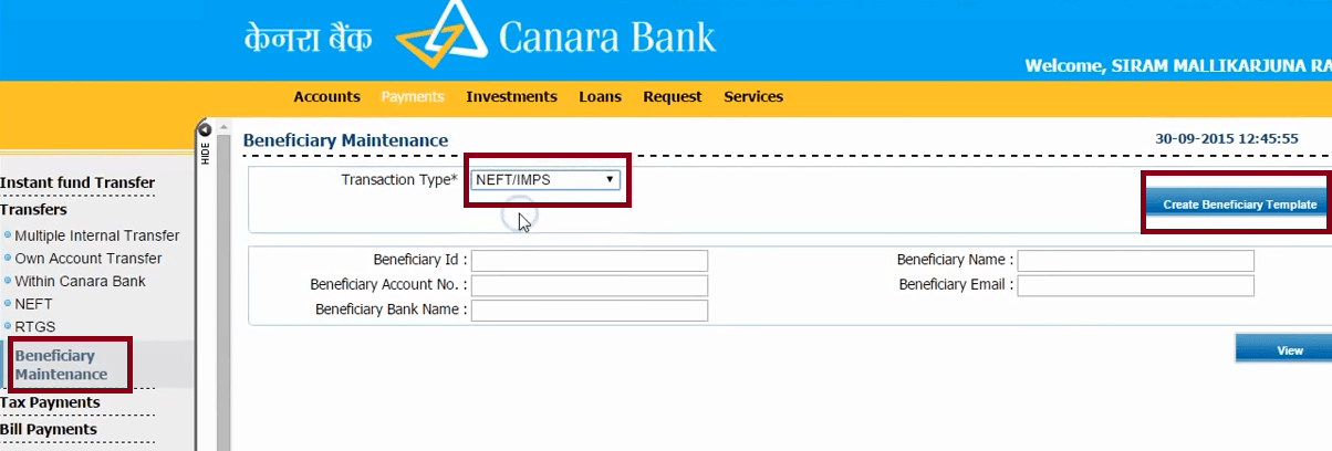 beneficiary maintenance canara bank
