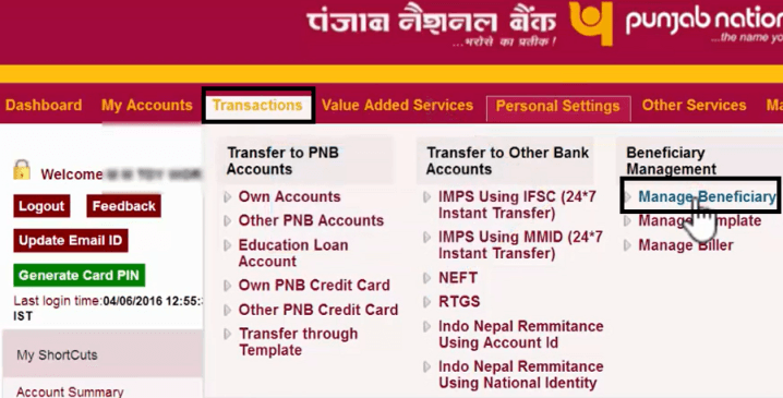 manage beneficiary in pnb