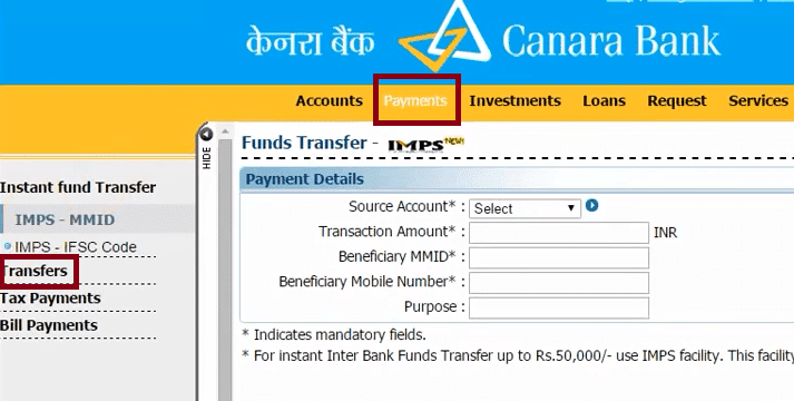 payments transfer canara bank