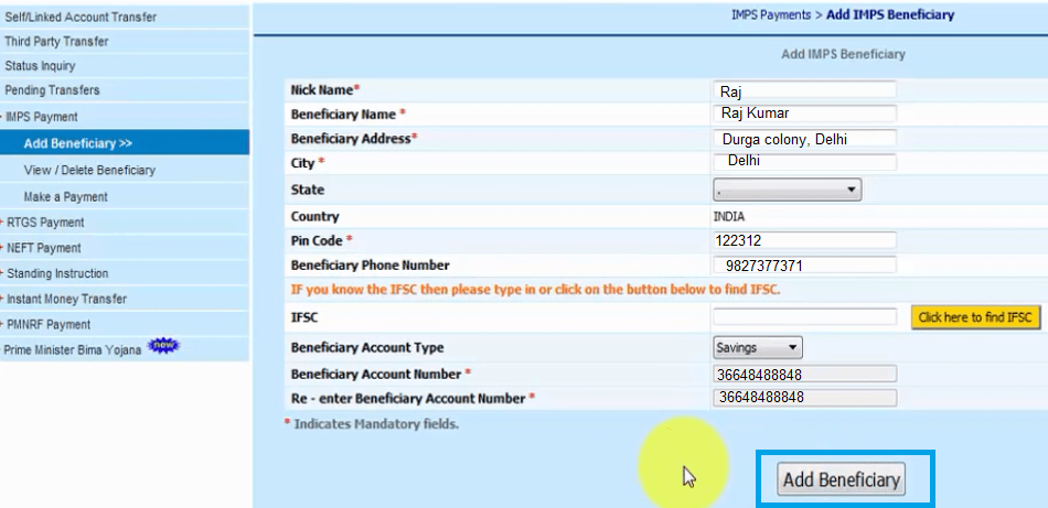 add imps beneficiary in bank of india