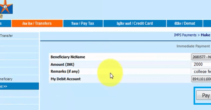imps fund transfer in bank of india