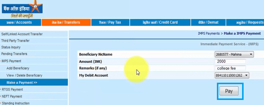 imps fund transfer in bank of india