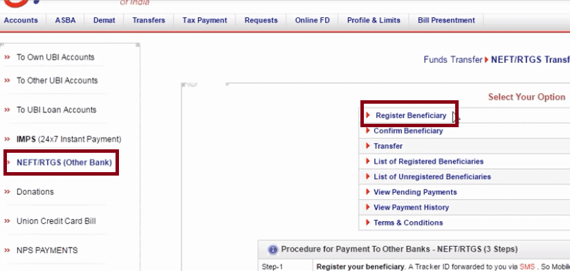 register beneficiary union bank of india