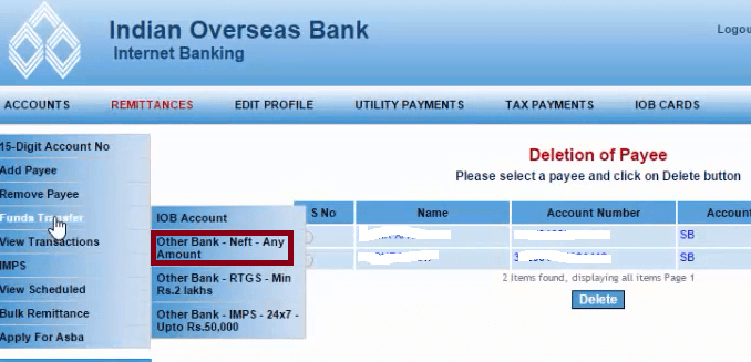 fund transfer to other bank from iob account