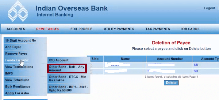 fund transfer to other bank from iob account