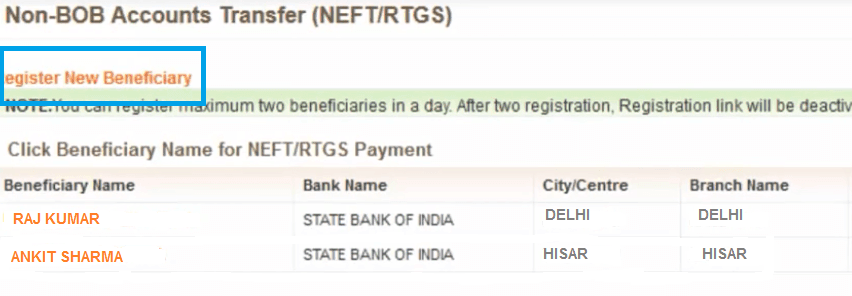 register new beneficiary bank of baroda