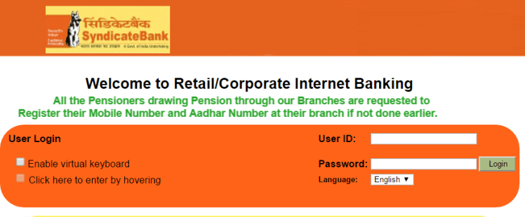 Syndicate Bank net banking login