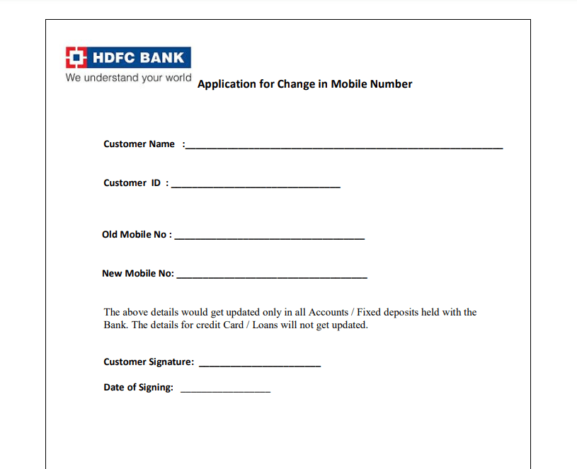 hdfc mobile number change application form