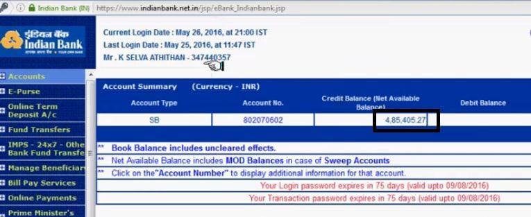 indian bank balance check via net banking