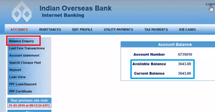 iob account balance check via net banking