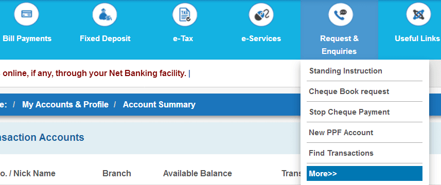 request and enquiries tab in sbi