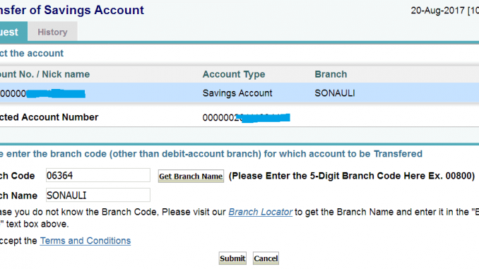 transfer sbi saving account one branch to other online