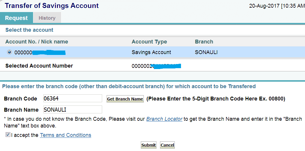 transfer sbi saving account one branch to other online
