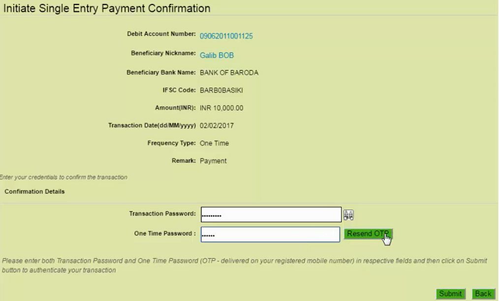 payment confirmation obc net banking