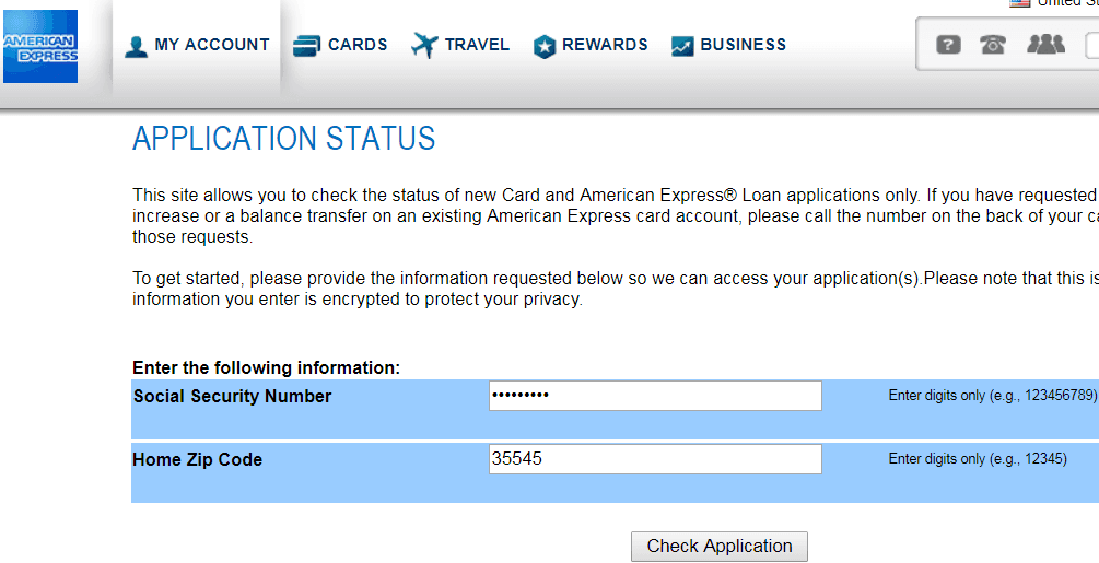 american express credit card status online