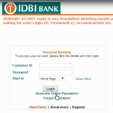 net banking idbi login page