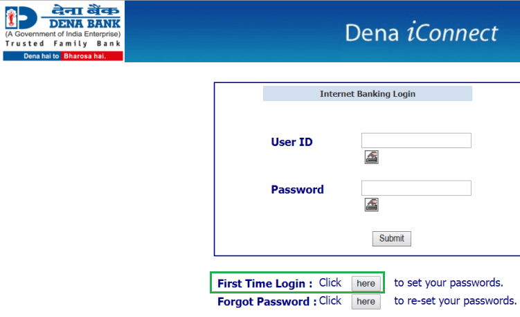 first time login dena net banking