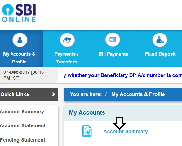 account tab and summery online sbi