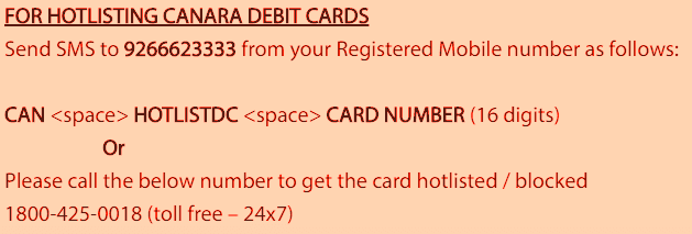 block canara bank atm debit card