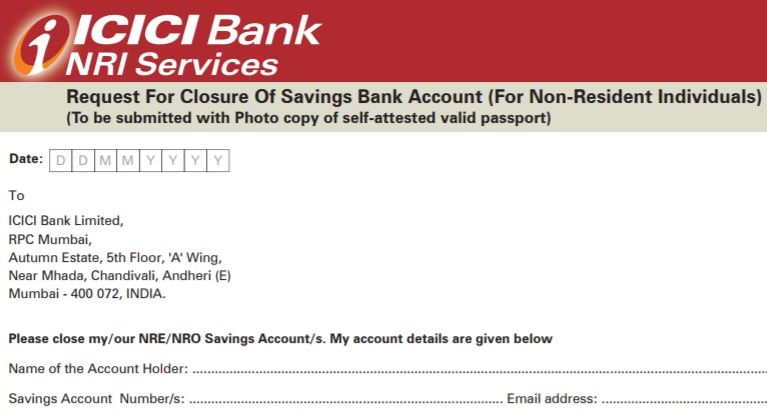 icici bank account closure form