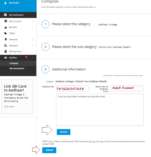 link aadhaar card to sbi credit card online