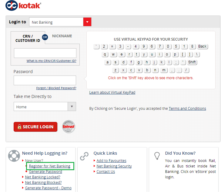 register for kotak internet banking