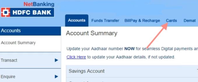 cards in hdfc net banking