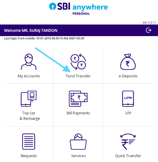 fund transfer in sbi anywhere personal app