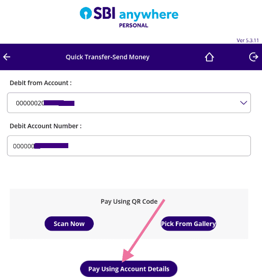 pay using account details in sbi anywhere personal app