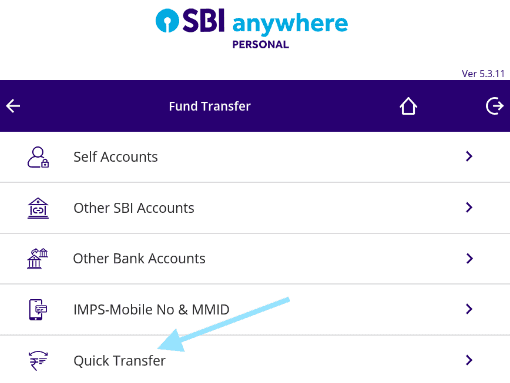 quick fund transfer in sbi anywhere personal app