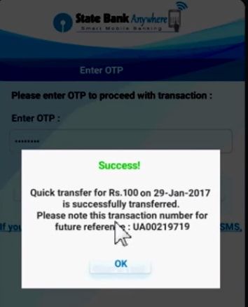 fund transfer success in sbi anywhere personal app