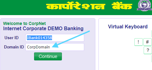 Domain ID in Corporation Bank Net Banking