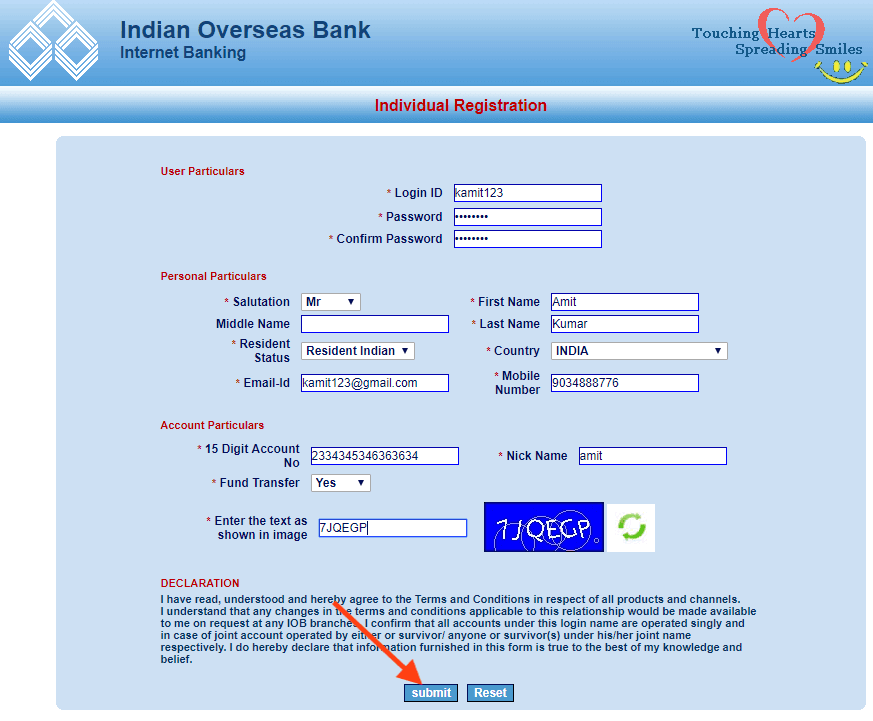 iob net banking registration