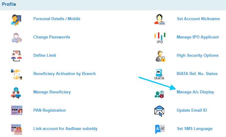 manage account display in onlinesbi