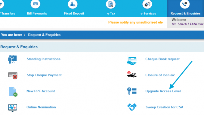 upgrade access level online sbii