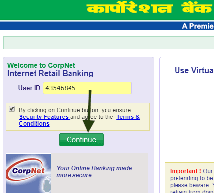 user id enter corporation bank net banking