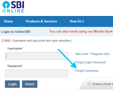 forgot username online sbi