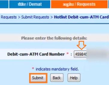 select and submit to block atm card bank of india