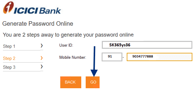 enter mobile number icici bank