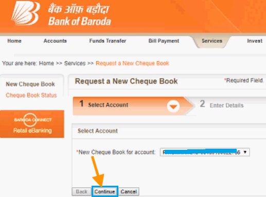 select account for cheque book bank of baroda