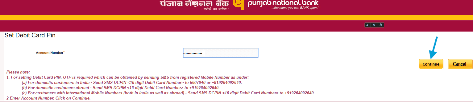 enter account number to set debit card pin without net banking
