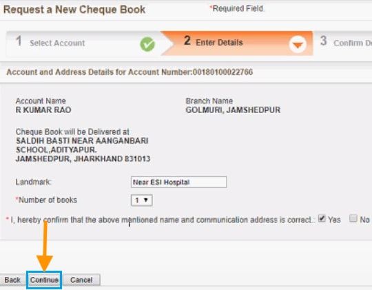enter details for cheque book bank of baroda