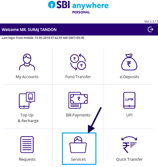 services tab sbi anywhere personal app