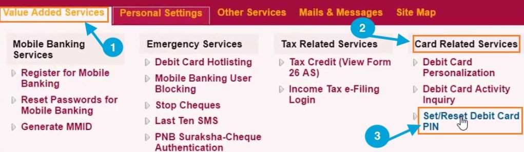 set reset debit card pin using net banking